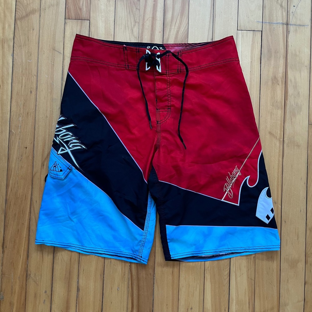 Vtg rare Billabong Andy Irons Platinum Quad Board Shorts Mens 32 Red Black Blue